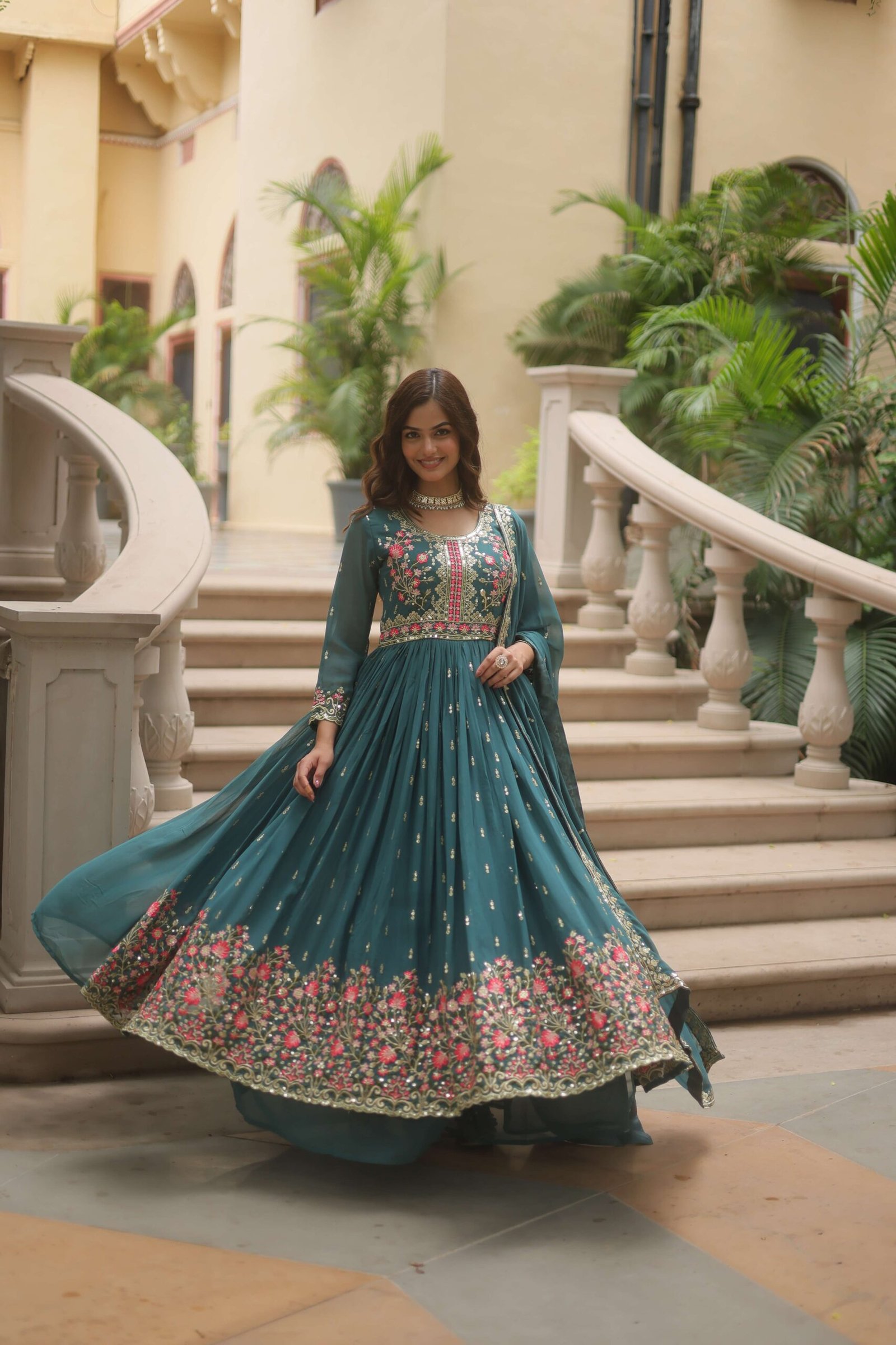 Rama Faux Georgette Sequins Embroidered Kurti with Sharara & Dupatta Set - Image 2