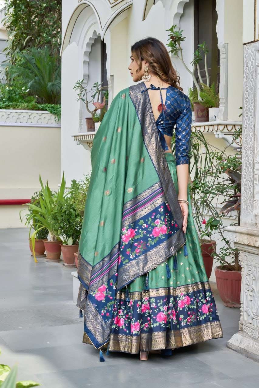 Olive Green Tussar Silk Lehenga Choli with Navy Blue Blouse | Minakari & Foil Print | Wedding & Festive Wear - Image 2