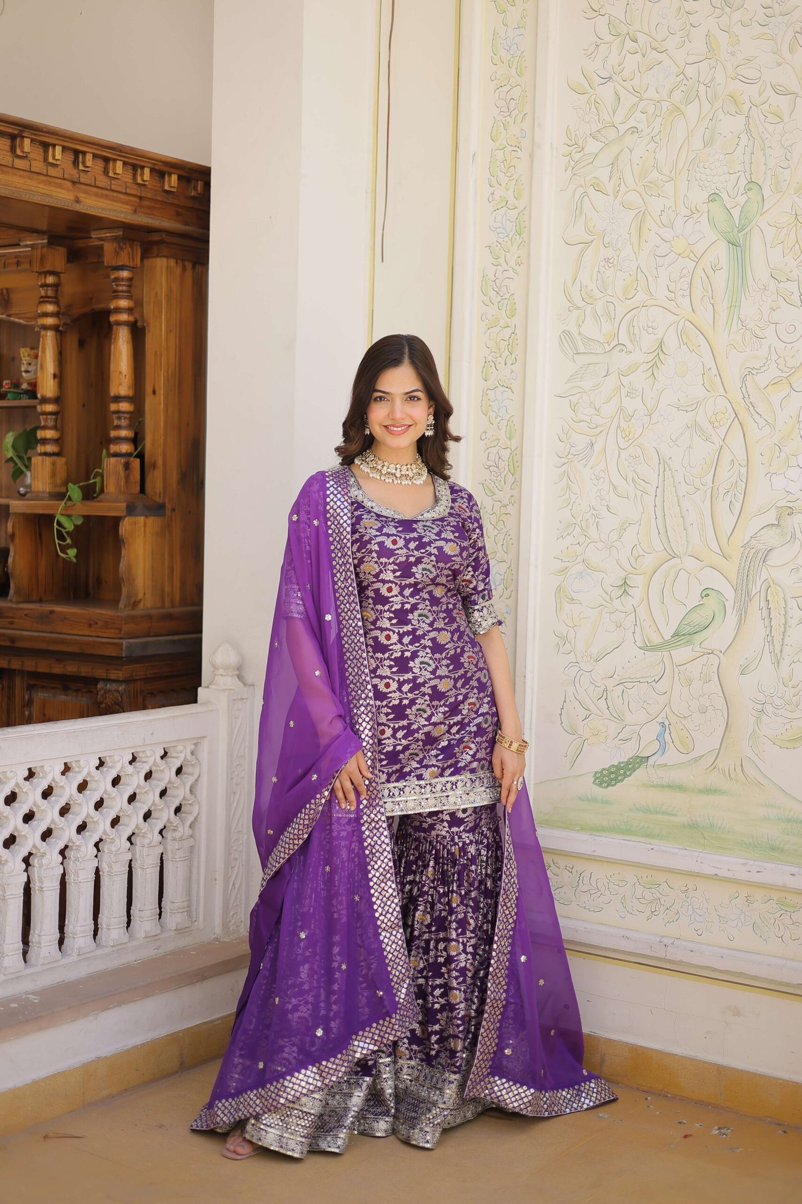 Purple Faux Blooming Sequins Embroidered Sharara Set with Matching Dupatta ? Festive & Party Wear 2024 - Image 2