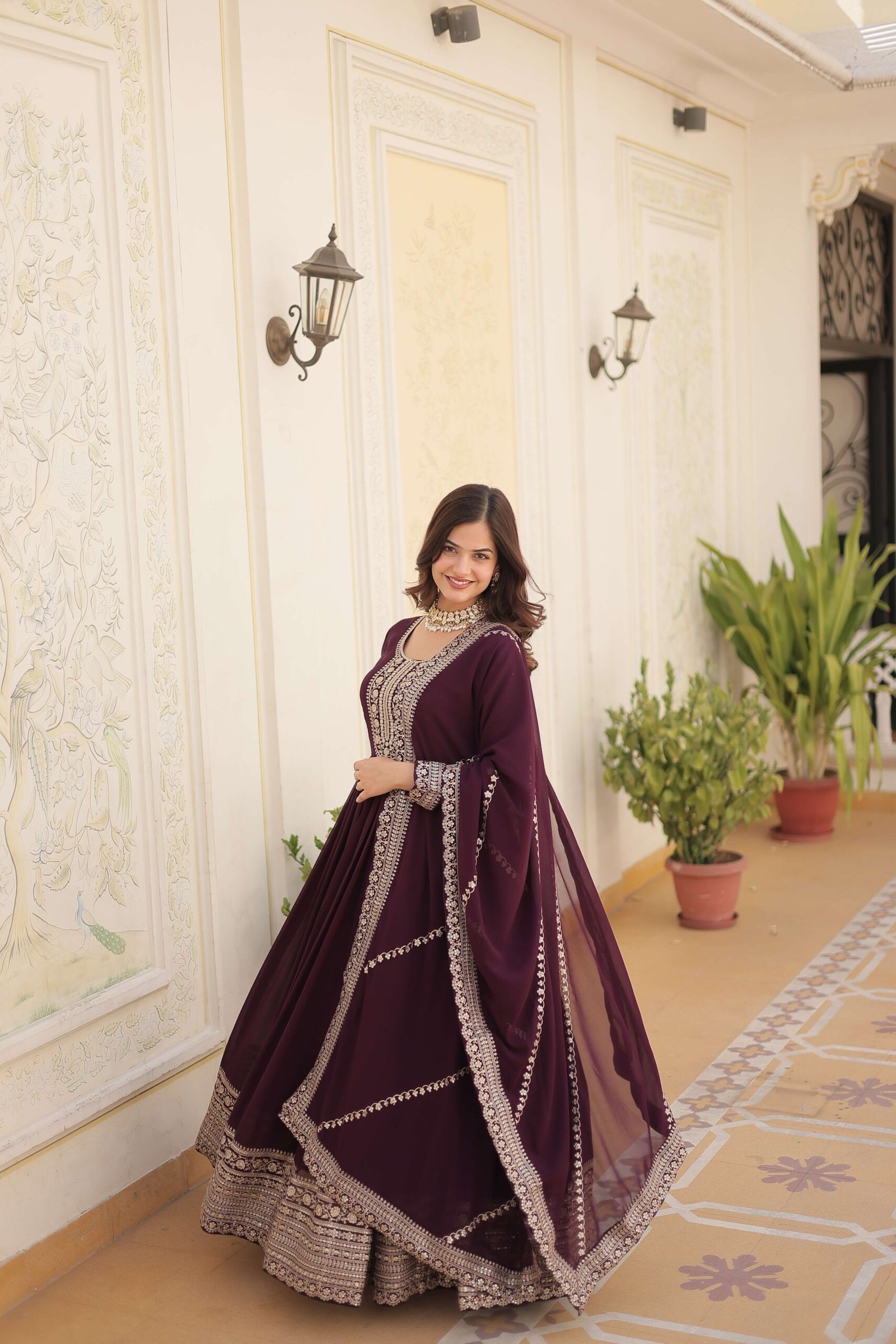 Wine Faux Blooming Sequins Embroidered Gown with Matching Dupatta ? Festive & Party Wear 2024 - Image 2