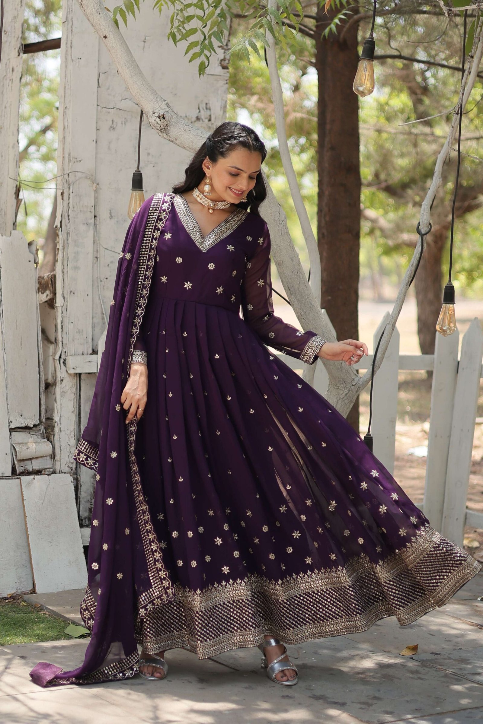 Purple Designer Faux Blooming Anarkali Gown with Sequins Embroidered Dupatta ? Wedding & Festive Wear - Image 8