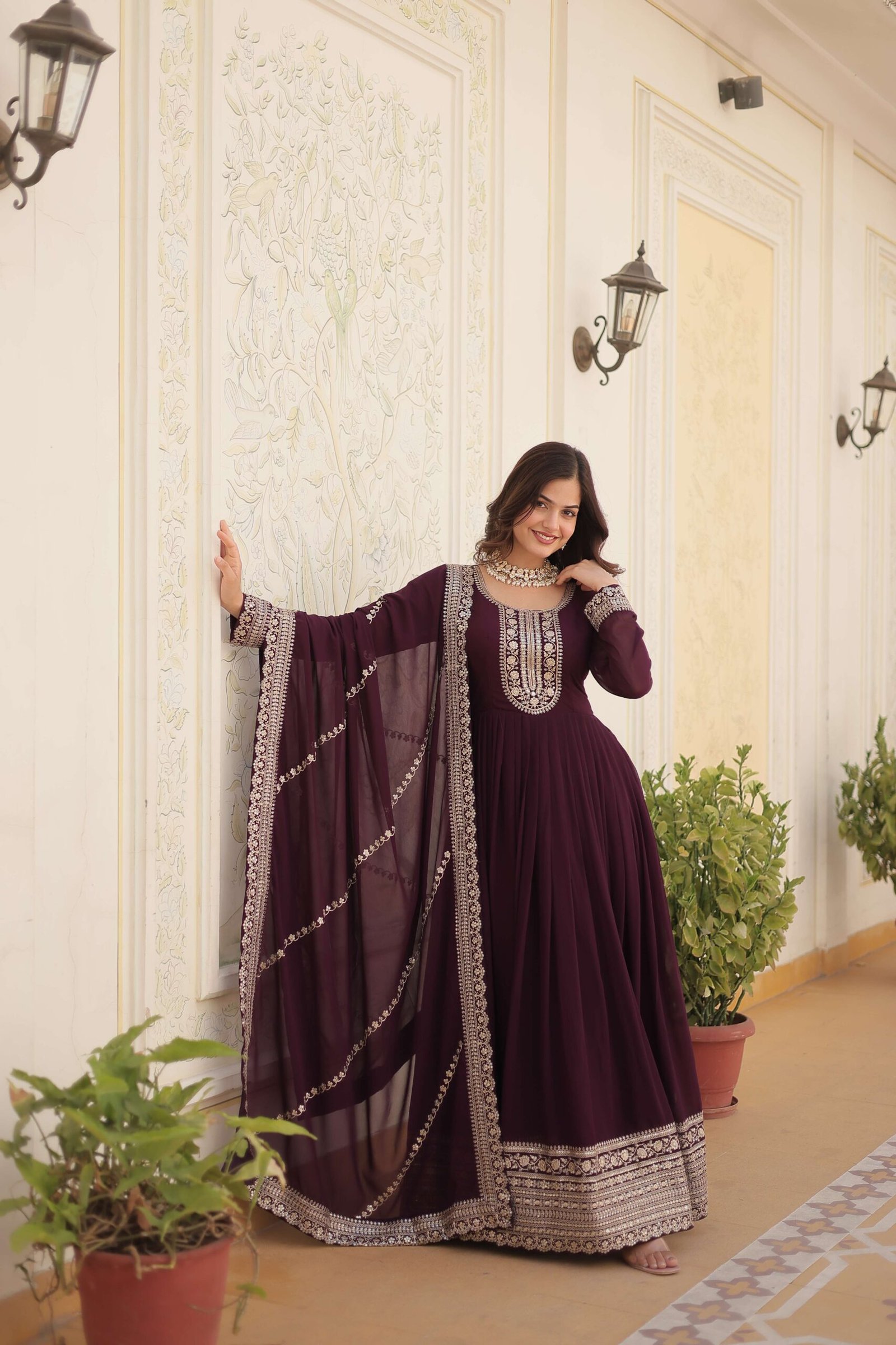 Wine Faux Blooming Sequins Embroidered Gown with Matching Dupatta ? Festive & Party Wear 2024 - Image 5
