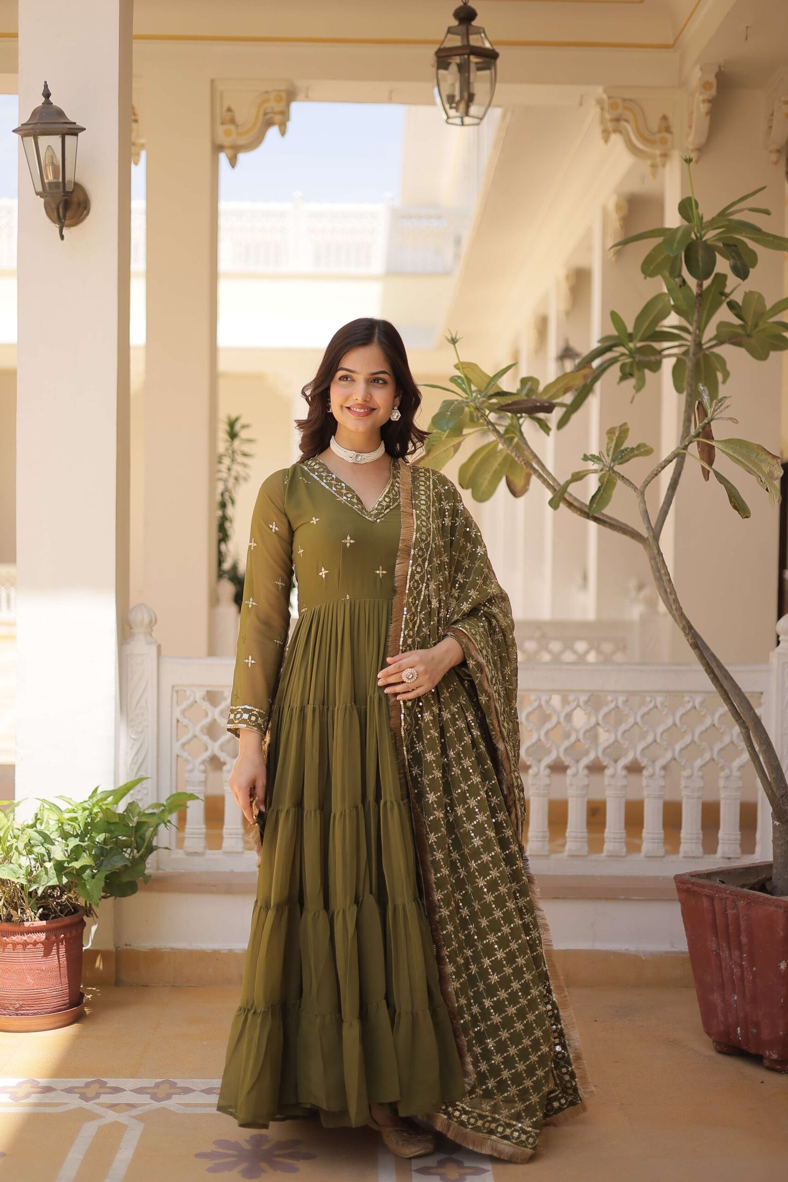 Mehandi Designer Faux Georgette Gown with Sequined Dupatta ? Elegant Festive & Party Wear Set - Image 6