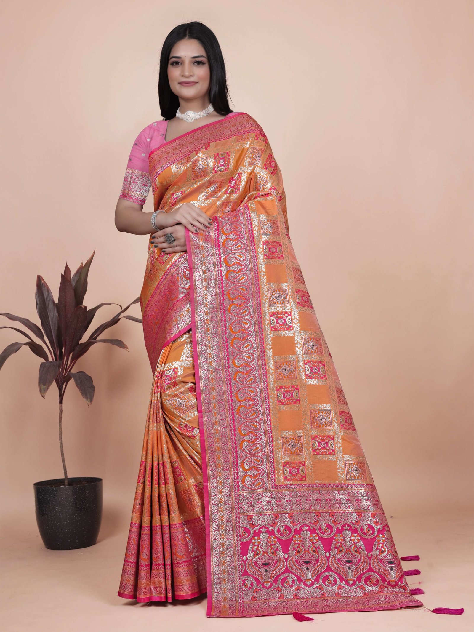 Orange & Pink Banarasi Silk Saree with Silver Zari | Wedding & Festive Saree | Traditional Banarasi Saree with Rich Contrast Pallu - Image 2