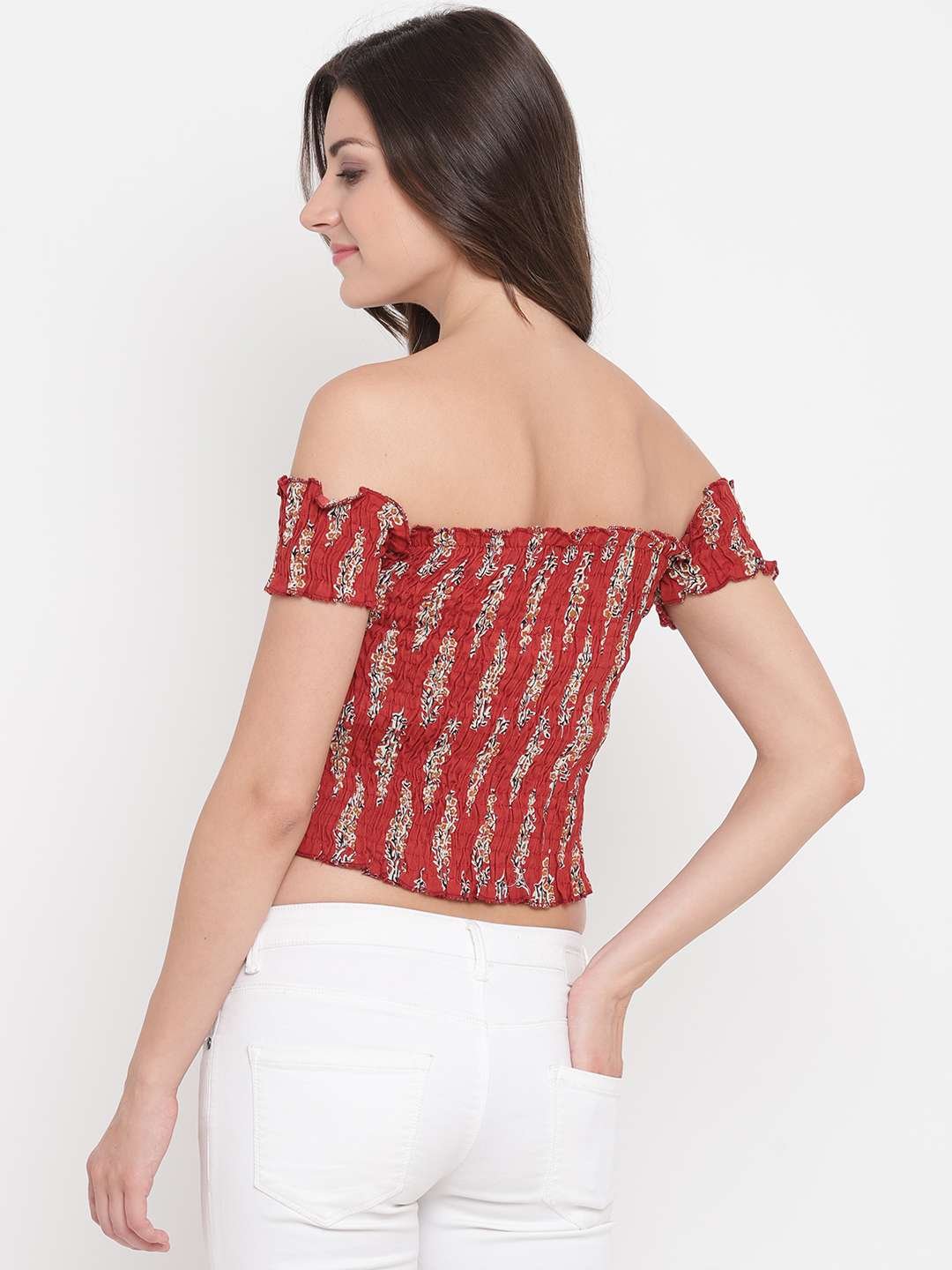 Women's Rayon Printed Off-Shoulder Smocked Crop Top Short Sleeve Casual Styles Tank Top (FREE SIZE) Multi43 - Image 2